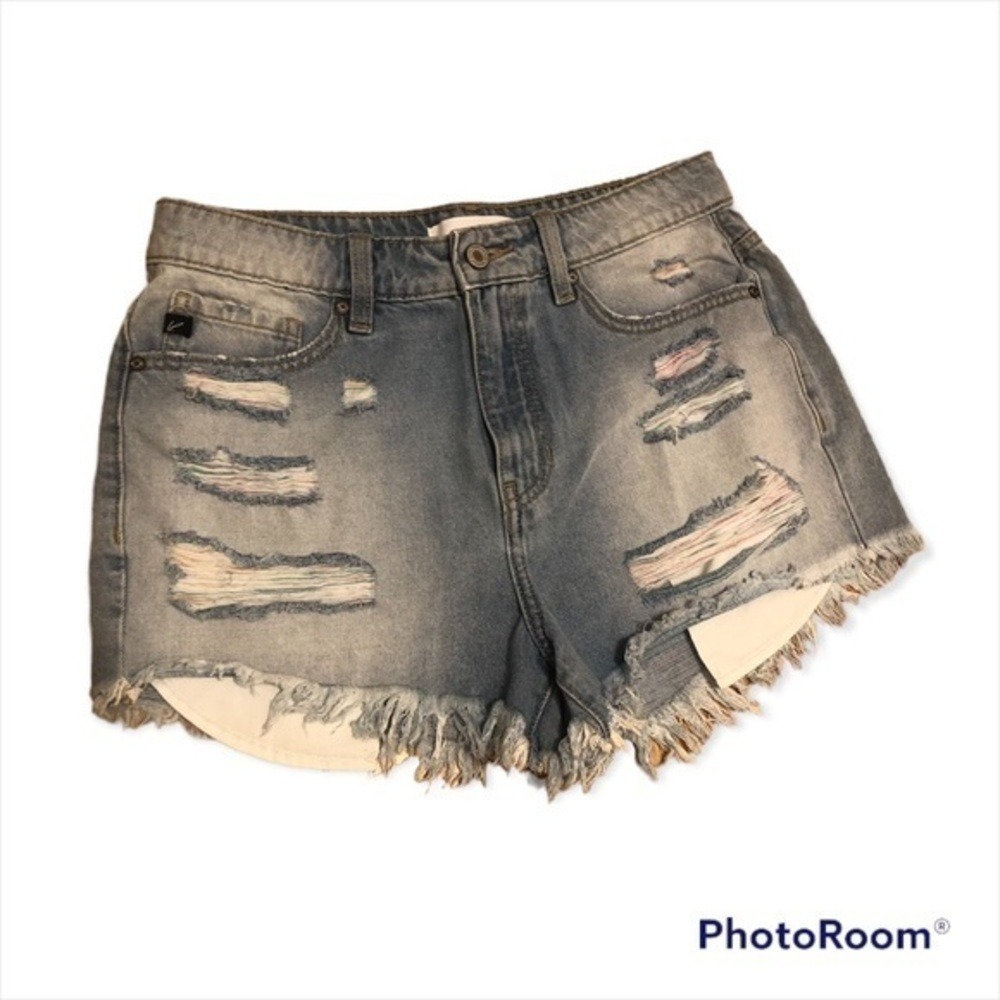 Kancan Buckle jean shorts sz‎ 7 Waist 27 Festival Distressed MidRise Boho